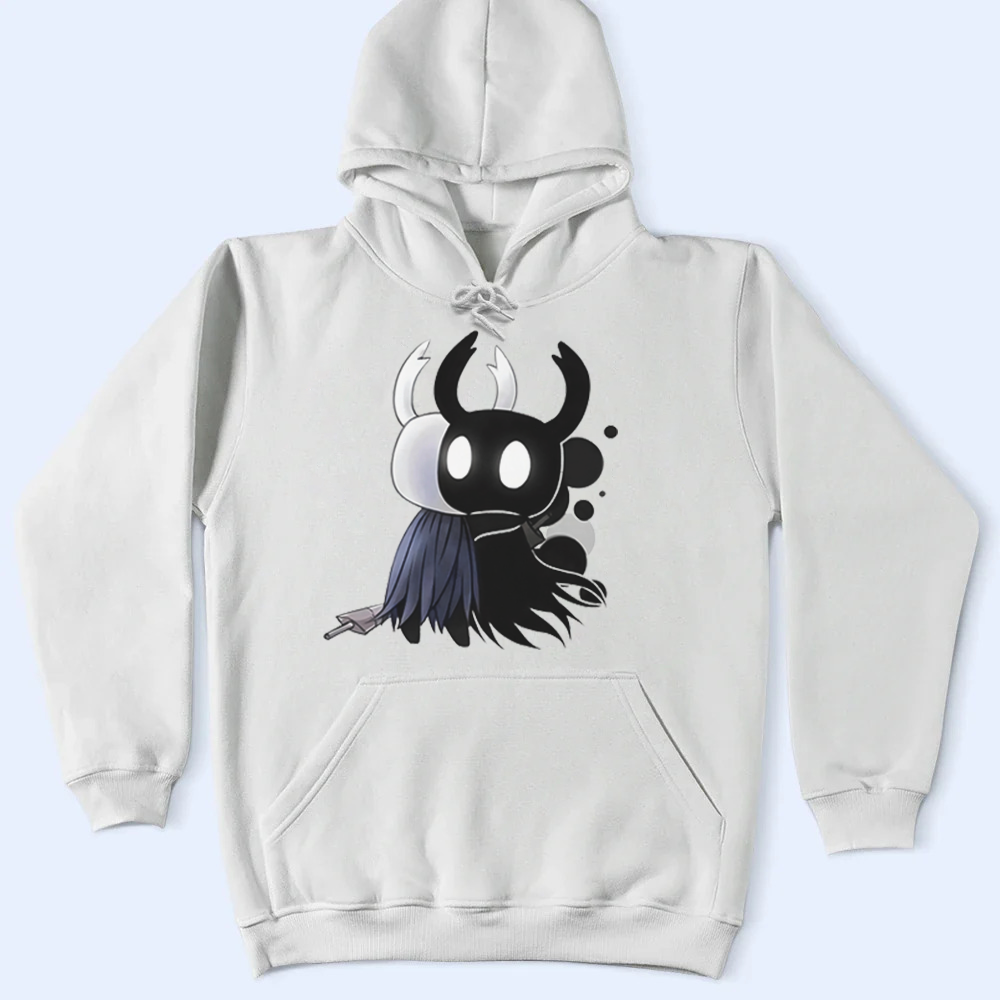 The Knight character from Hollow Knight printed on a hoodie mockup