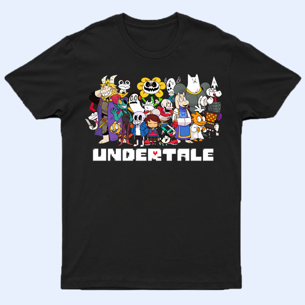 Front view of Undertale Merch: All Characters T-shirt, showcasing the complete cast of beloved game characters.