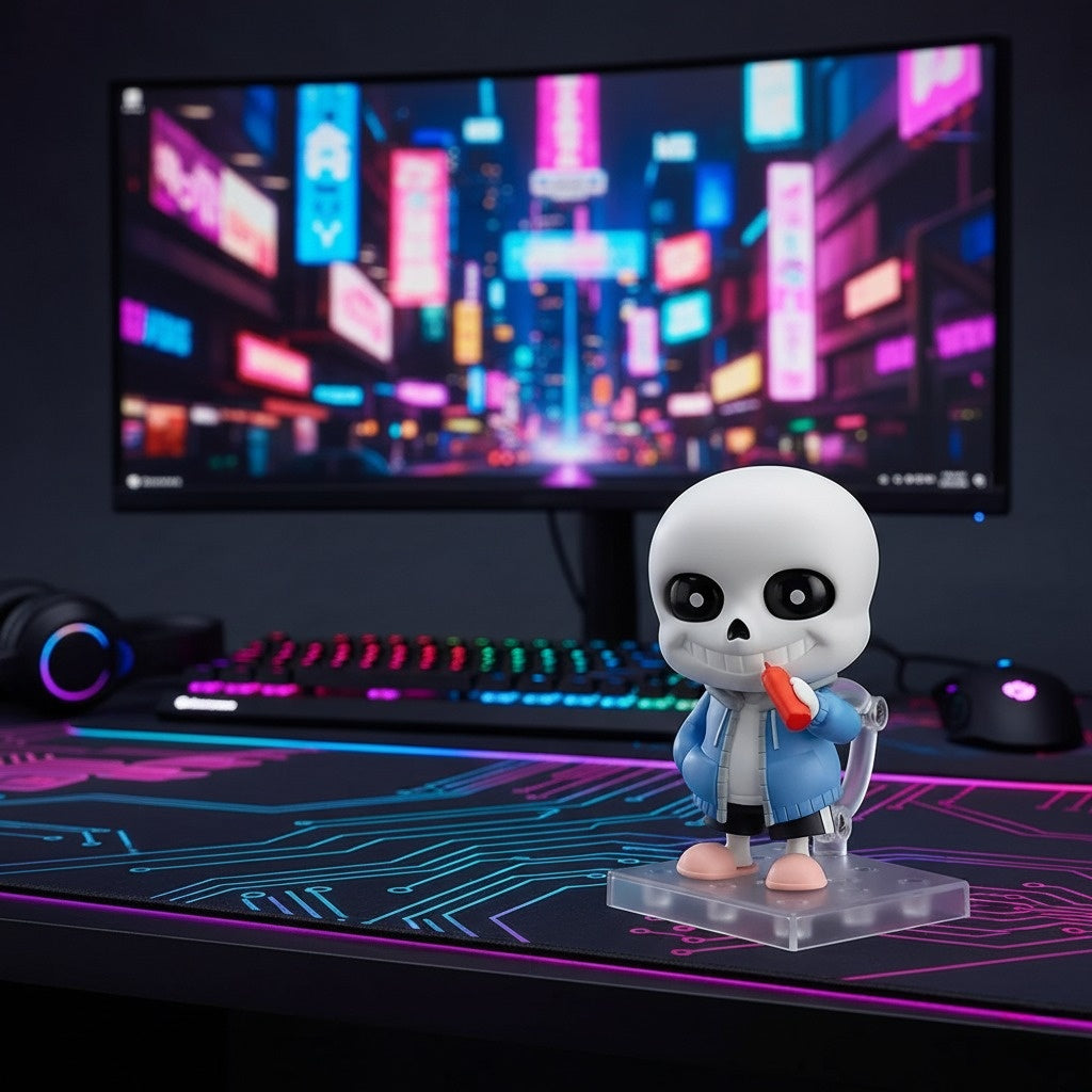 Undertale Merch Sans Figure displayed on a gaming desk, perfect for fan decor.