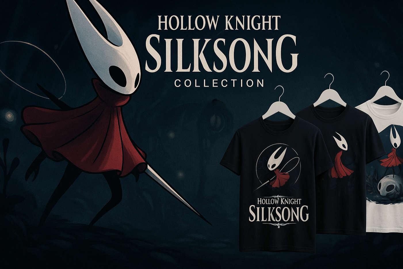 Hollow Knight Silksong collection with t-shirts and character illustration on a dark background