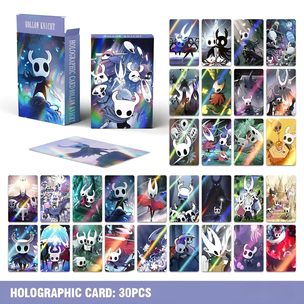 Holographic cards with Hollow Knight characters and packaging on a white background
