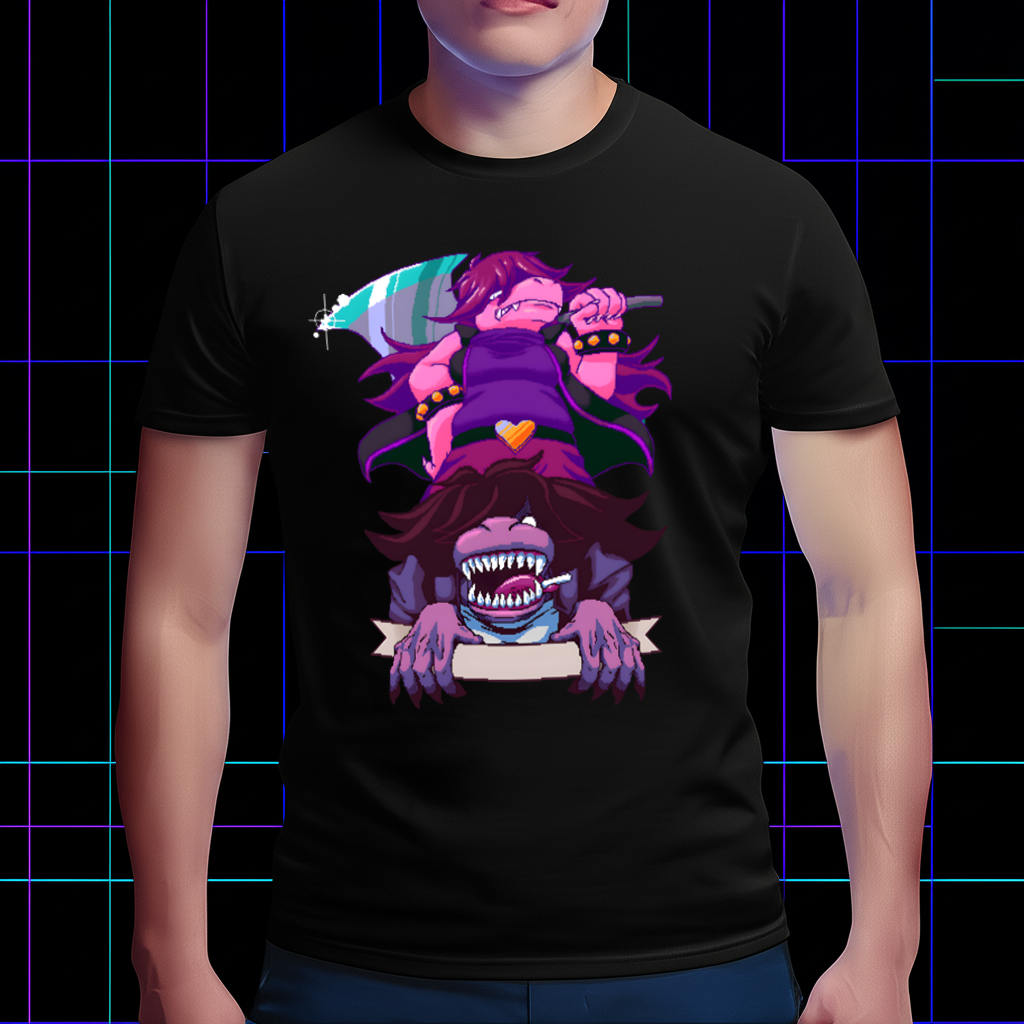 DELTARUNE Susie Character T-shirt worn by a model, demonstrating its comfortable fit and bold design, essential DELTARUNE merch.