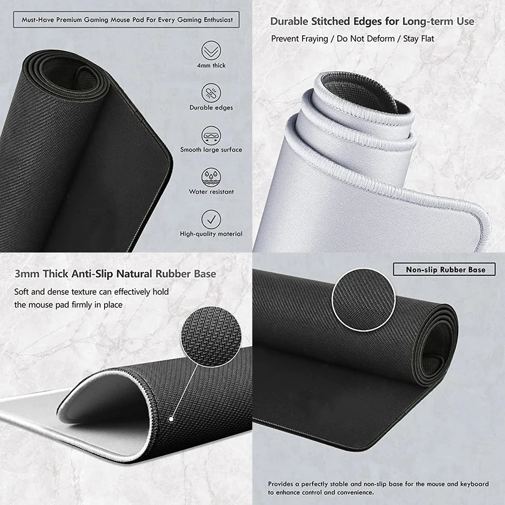 Gaming mouse pad with text describing features on a light gray background