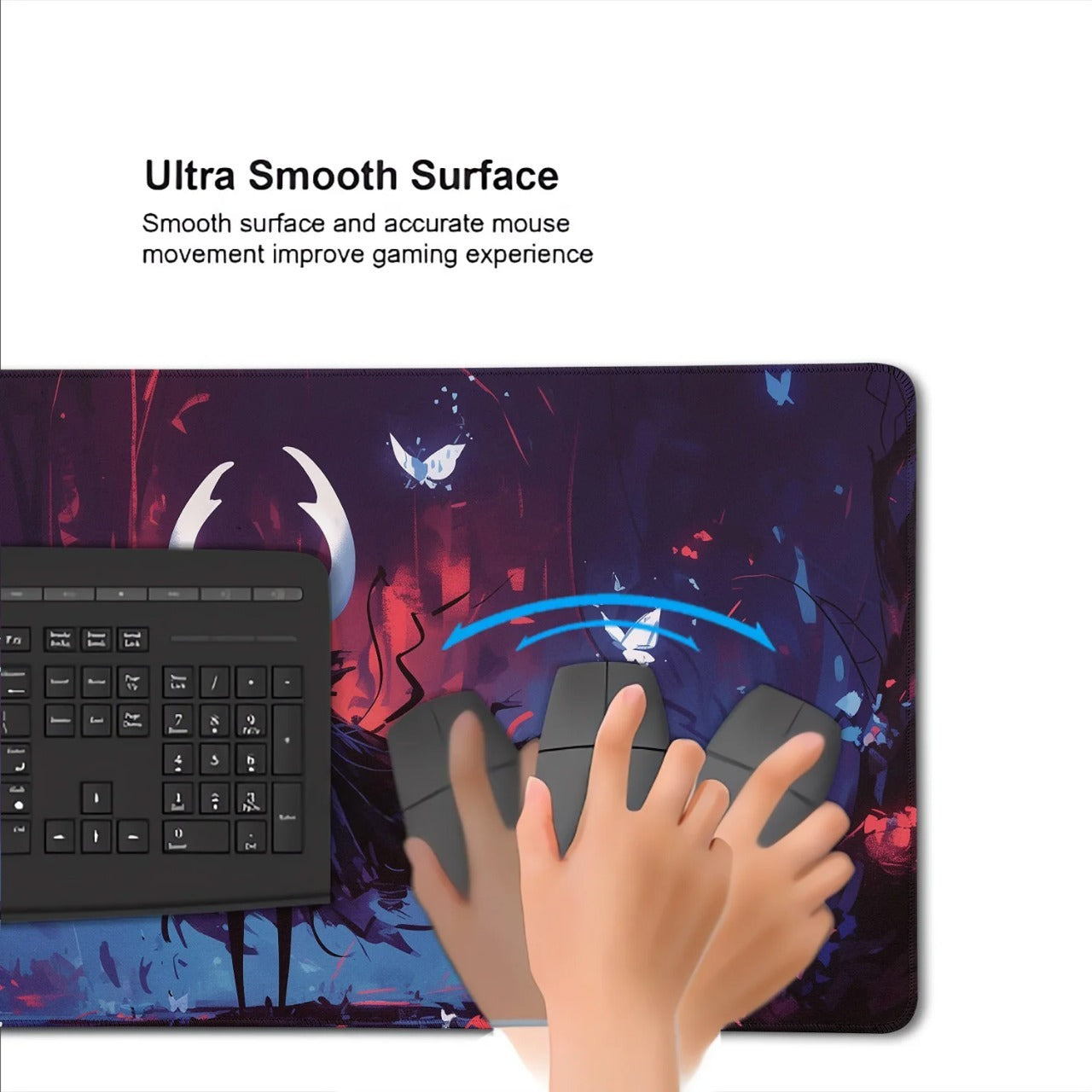 A large gaming mouse pad with a dark fantasy illustration in purple, blue, and red tones, shown with a keyboard and two hands using a mouse on it. Text at the top reads 'Ultra Smooth Surface' with a subtitle about accurate mouse movement improving gaming experience.