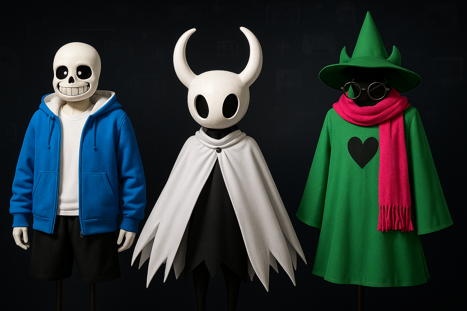 A banner of Indie game cosplay collection, including costume of Sans Undertale, Hollow Knight, Ralsei DELTARUNE. Don't need to add any texts