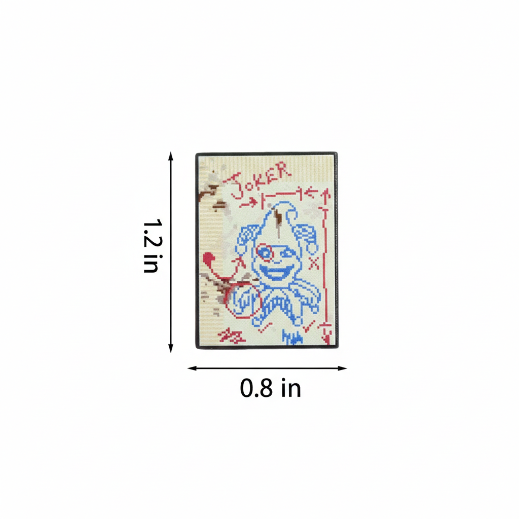 Brainstorm Joker Enamel Pin with dimensions labeled on a white background
