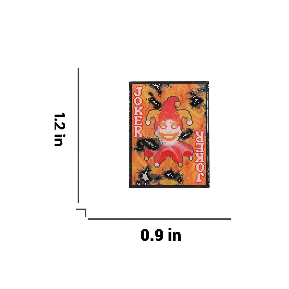 Balatro Burnt Joker enamel pin, shown with dimensions 1.2 inches by 0.9 inches.
