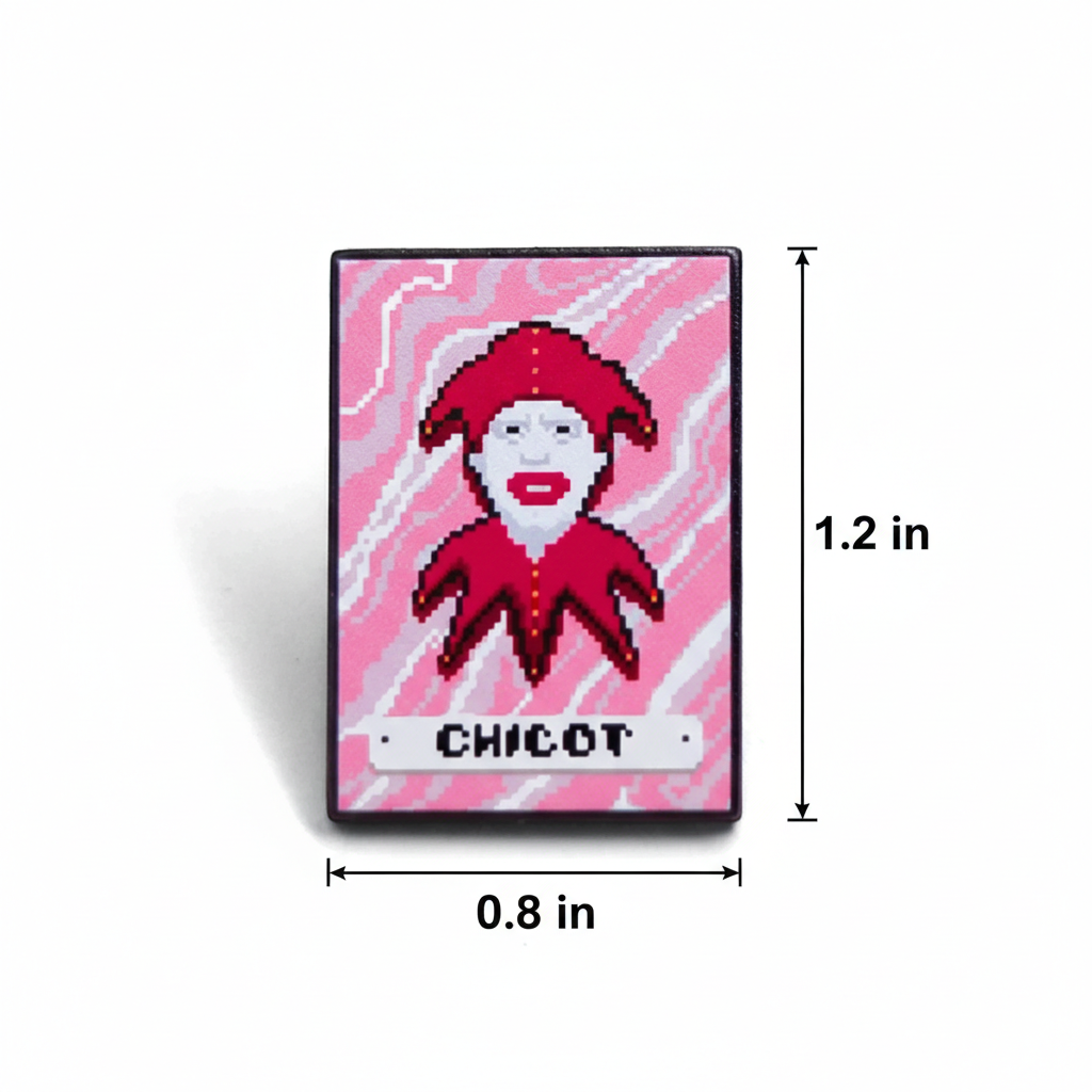 Pin with a Chicot Joker design on a pink marble background, with dimensions indicated.