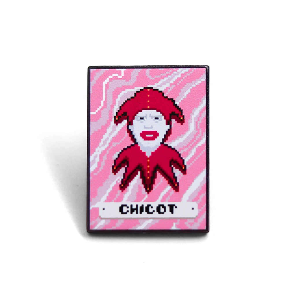 Front view of the Chicot Joker Enamel Pin, a legendary collectible from the video game Balatro.