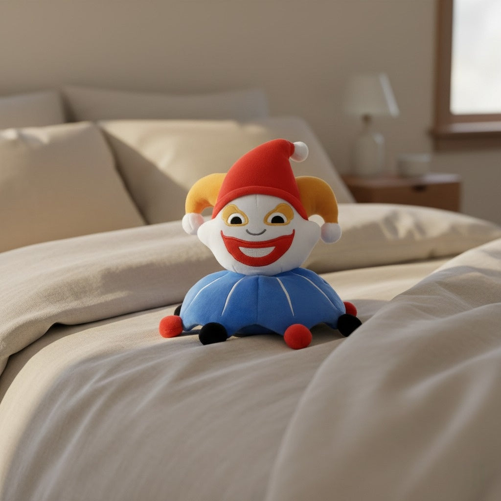 Balatro Jimbo plushie is on a bed in a bedroom setting