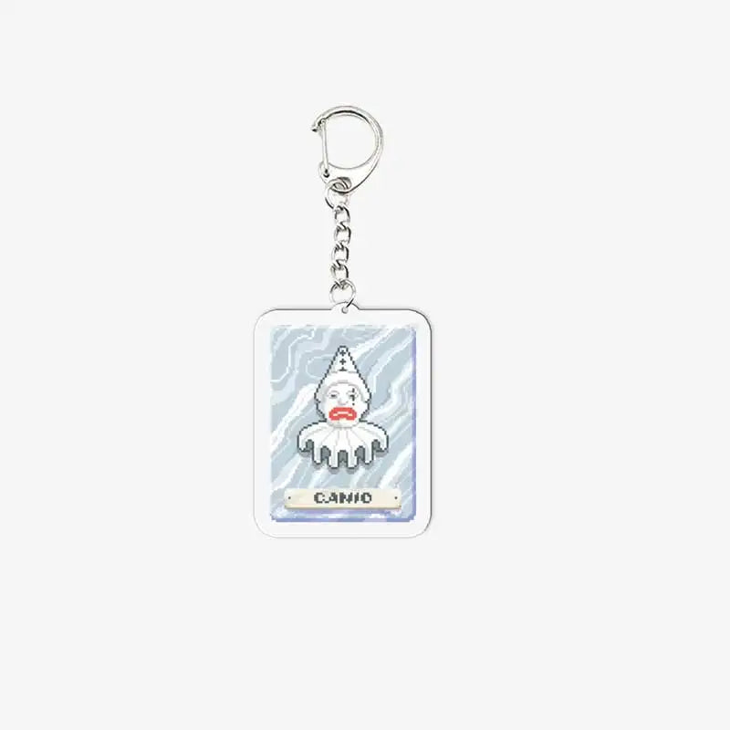 Balatro Canio Keychain with a cartoon character on a marble background