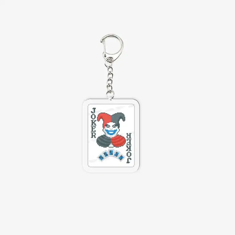 Keychain with a design of Balatro Crafty Joker on a white background
