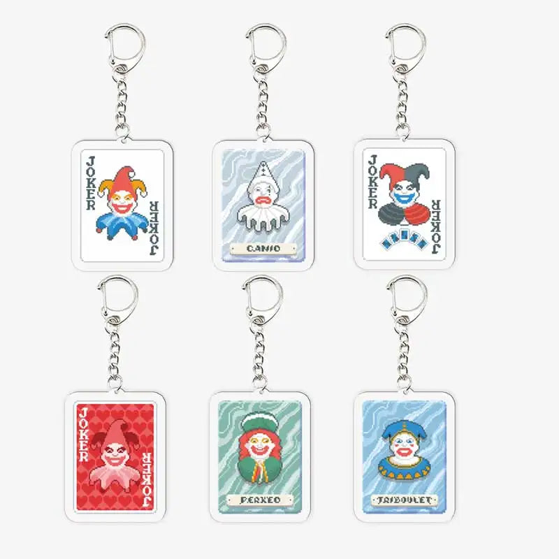 Group shot of all 6 Balatro Acrylic Keychains, featuring Legendary Jokers Triboulet, Perkeo, and Canio.