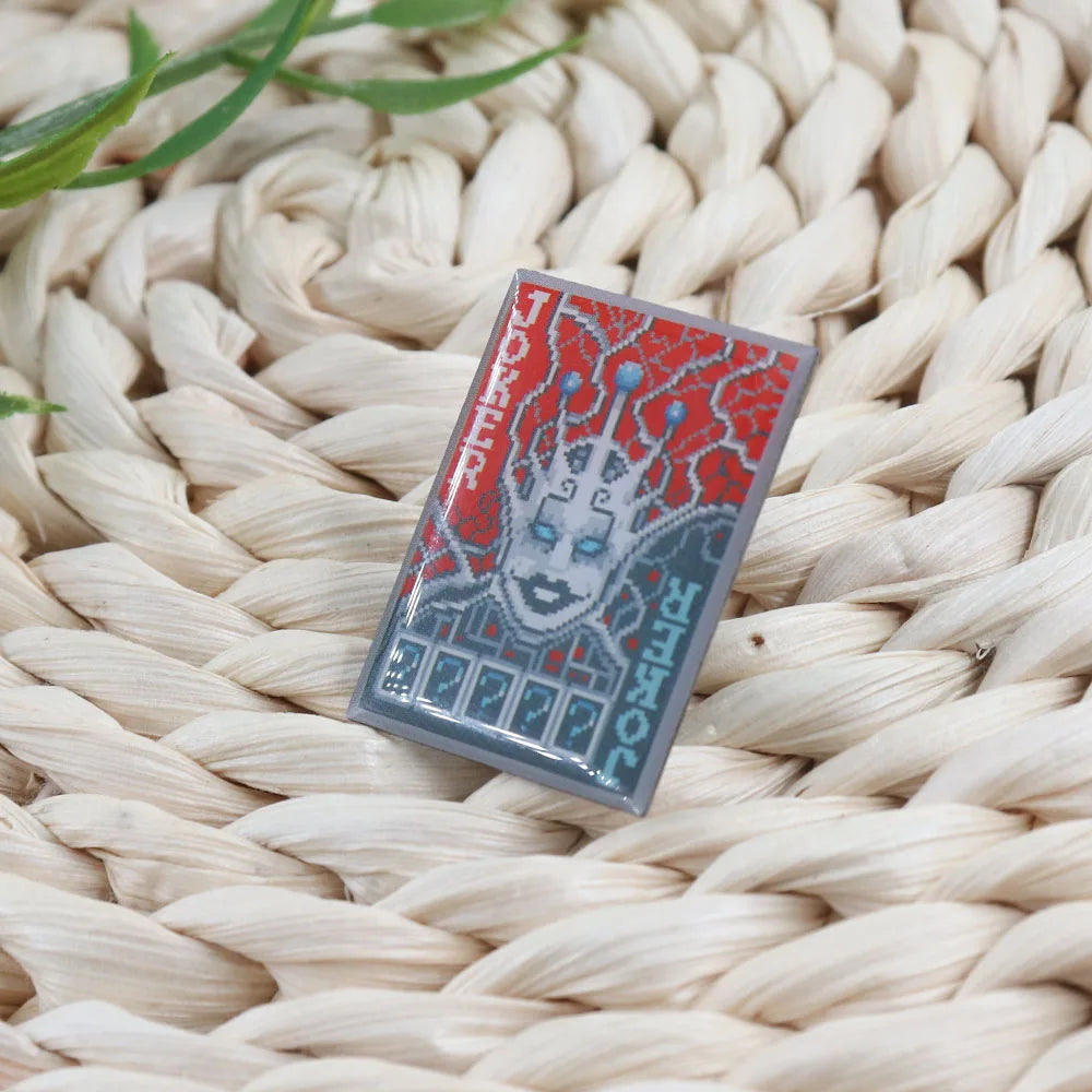 Close-up of the hard enamel finish on the Chaos Theory Joker pin, inspired by Lumpy Touch's unreleased game art.