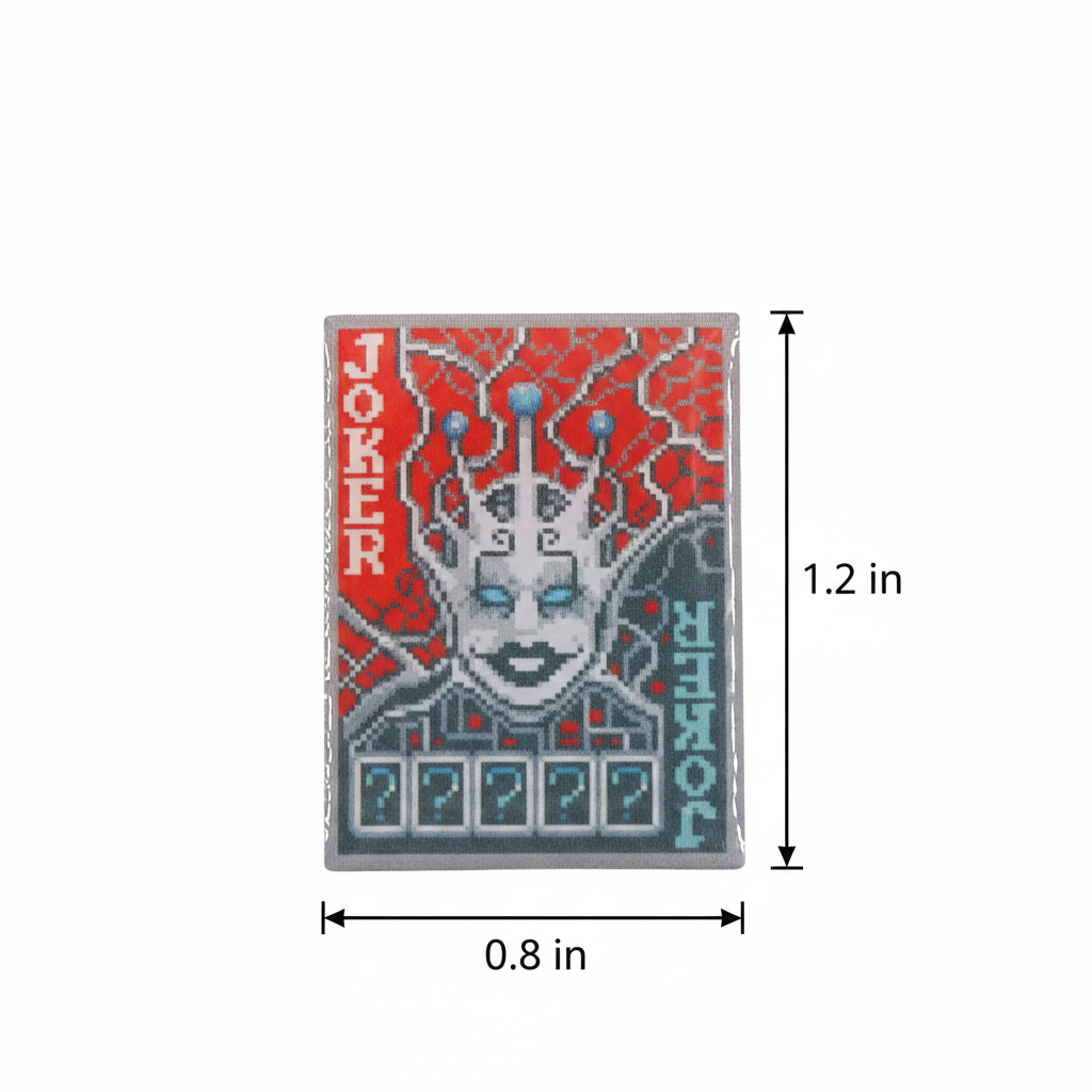 Chaos Theory Joker card patch with dimensions on a white background