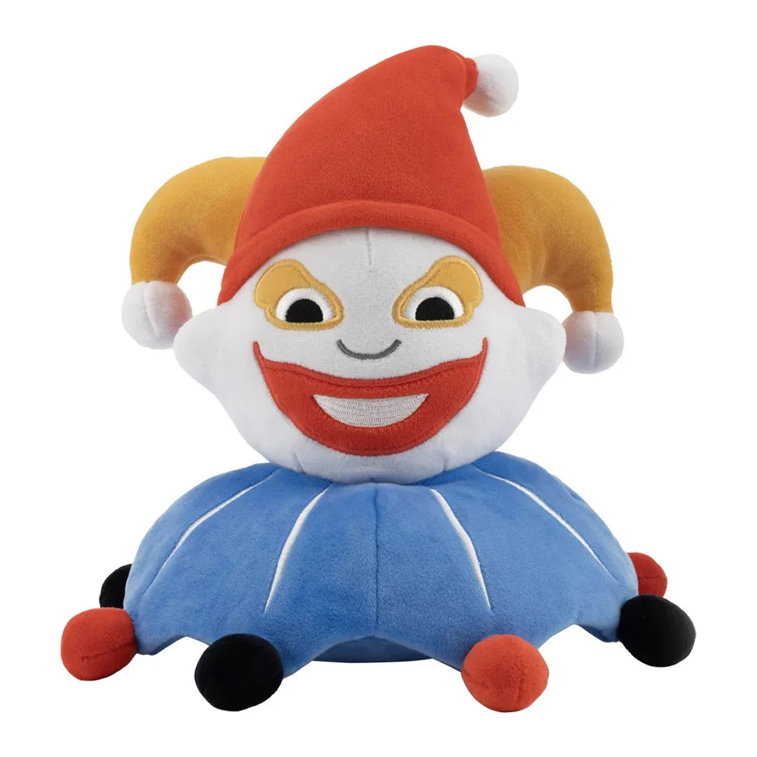 Front view of the Balatro Merch Jimbo Plush, featuring the iconic Joker mascot with a red and blue jester hat.