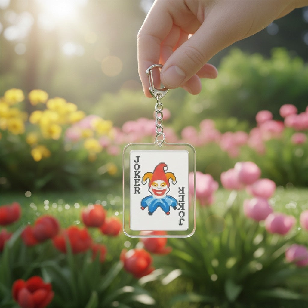 Balatro Keychain with Joker card design held by a hand against a background of colorful tulips.