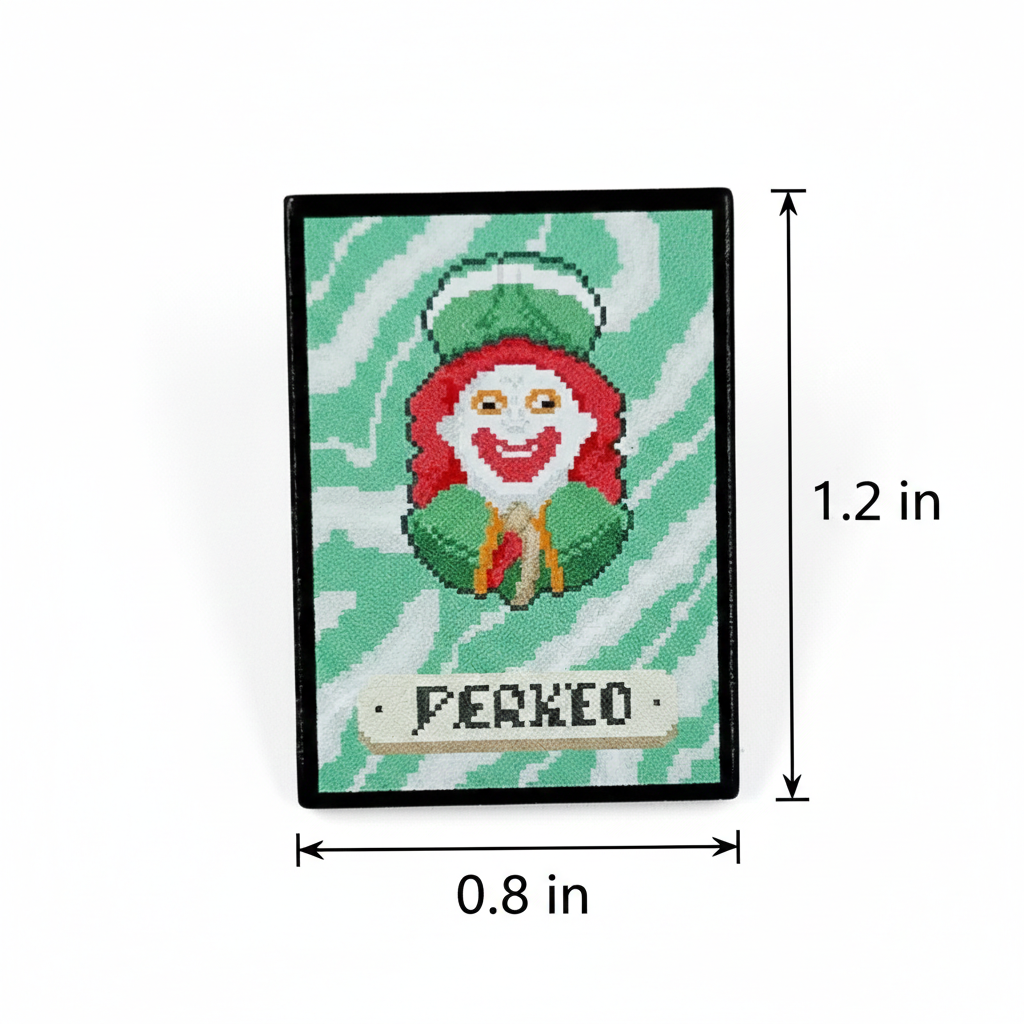 Patch with a character design on a green and white striped background, with dimensions indicated.