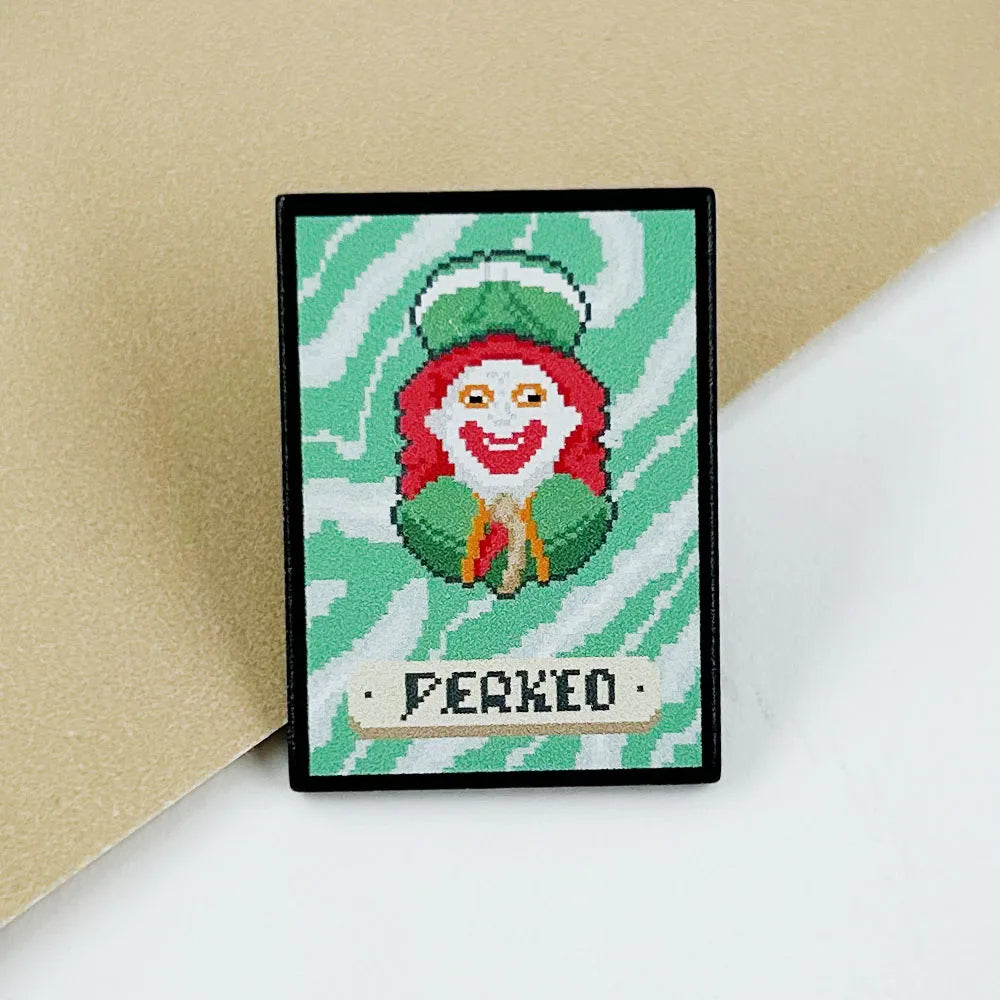 Front view of the Perkeo Joker Enamel Pin, featuring the legendary pixel art design from the Balatro video game.
