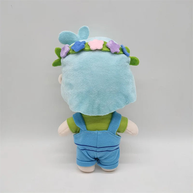 back view of the Omori BASIL Plush Toy, showing his light hair and flower crown, plush doll, Omori Merch.