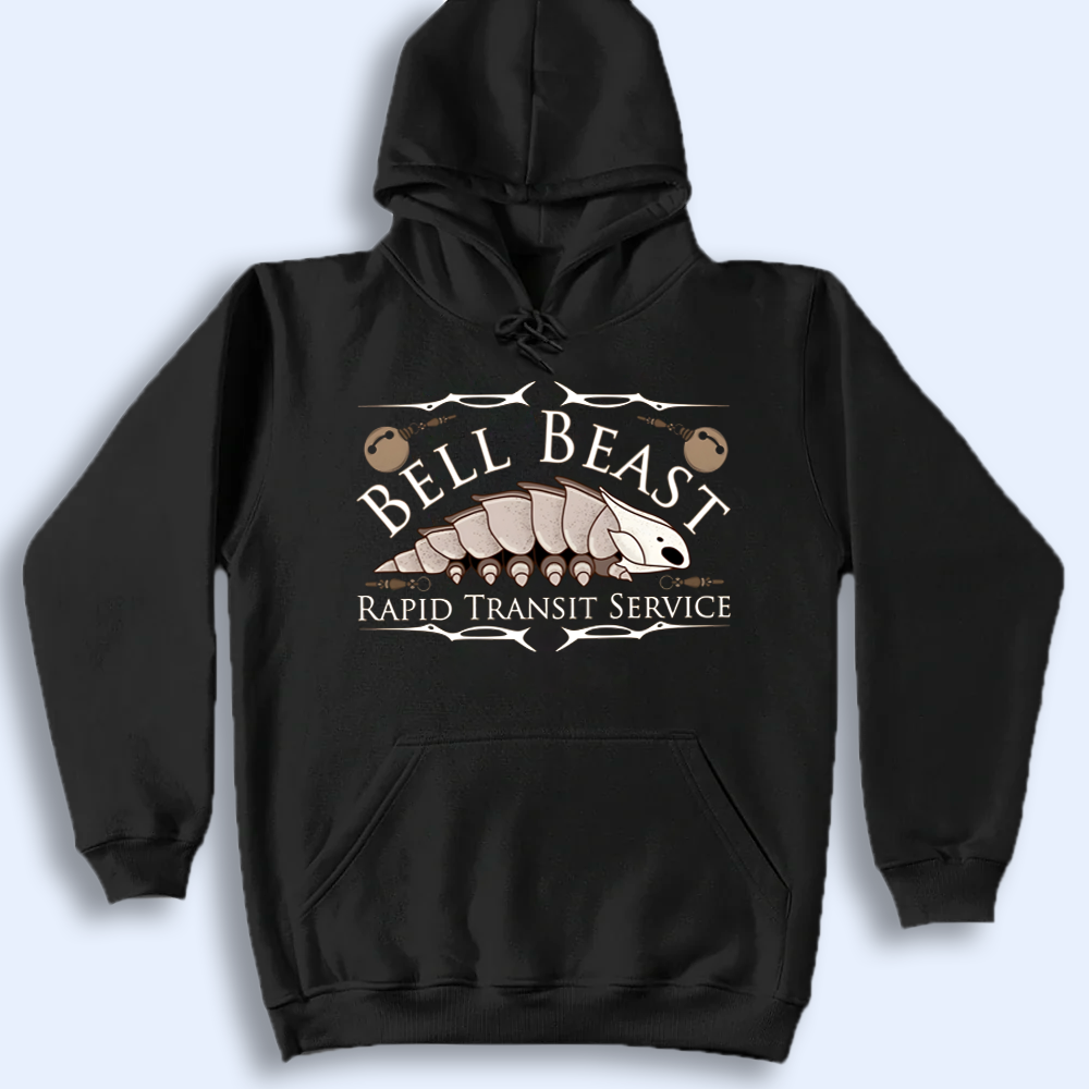 Black hoodie with 'Bell Beast Rapid Transit Service' graphic on a light gray background