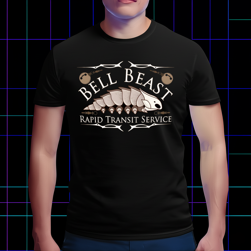 A fan wearing the Bell Beast shirt in a casual setting, showing off the Rapid Transit Service Silksong merch style.
