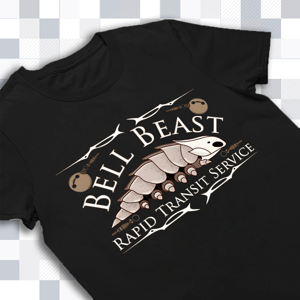 Detailed close-up of the Bell Beast graphic print on the shirt, highlighting the Silksong merch quality.
