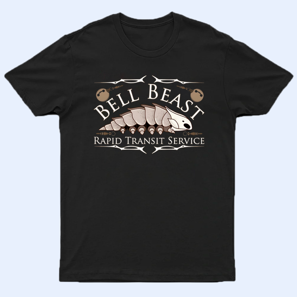 Front view of a black t-shirt with a Bell Beast design and 'Rapid Transit Service' text, Silksong merch.