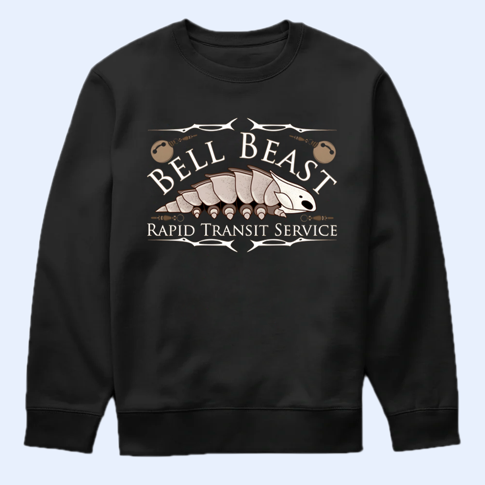 Black sweatshirt with 'Bell Beast Rapid Transit Service' graphic on a light blue background