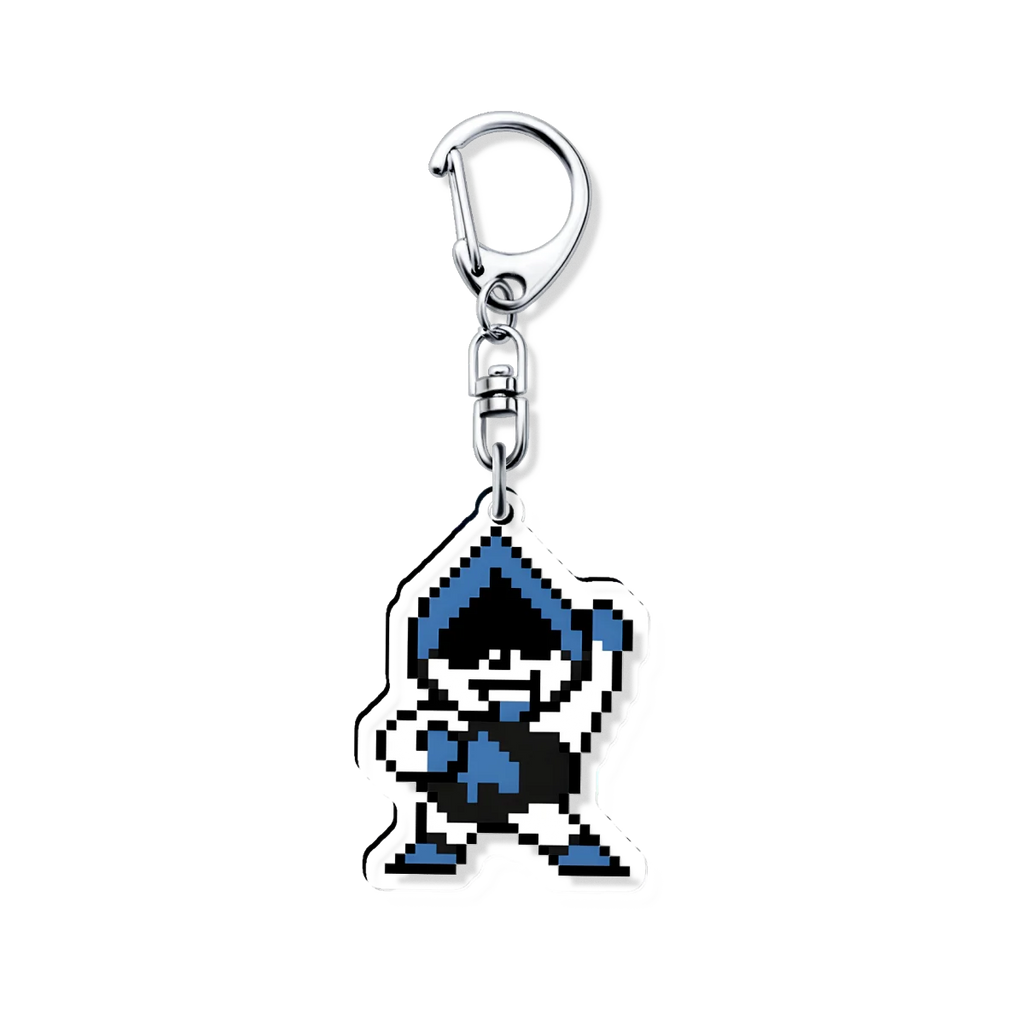 Close-up of the DELTARUNE Lancer character keychain charm, highlighting the detailed artwork