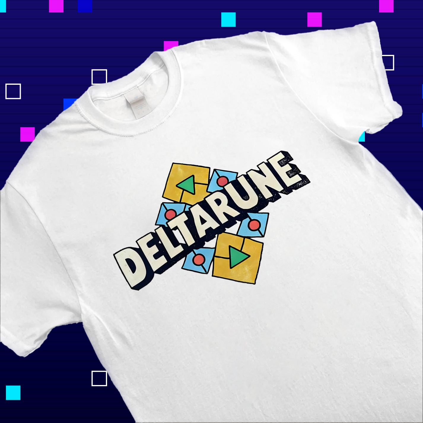 Close-up of the DELTARUNE artwork print on the DELTARUNE merch t-shirt, highlighting intricate details and artistic style