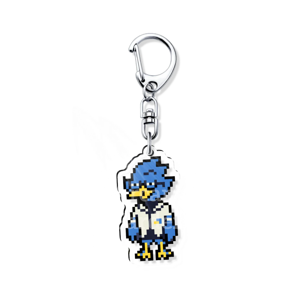 Close-up of the DELTARUNE berdly character keychain charm, highlighting the detailed artwork