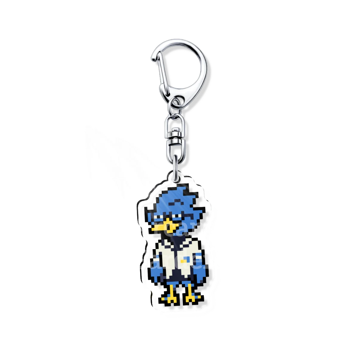 Close-up of the DELTARUNE berdly character keychain charm, highlighting the detailed artwork