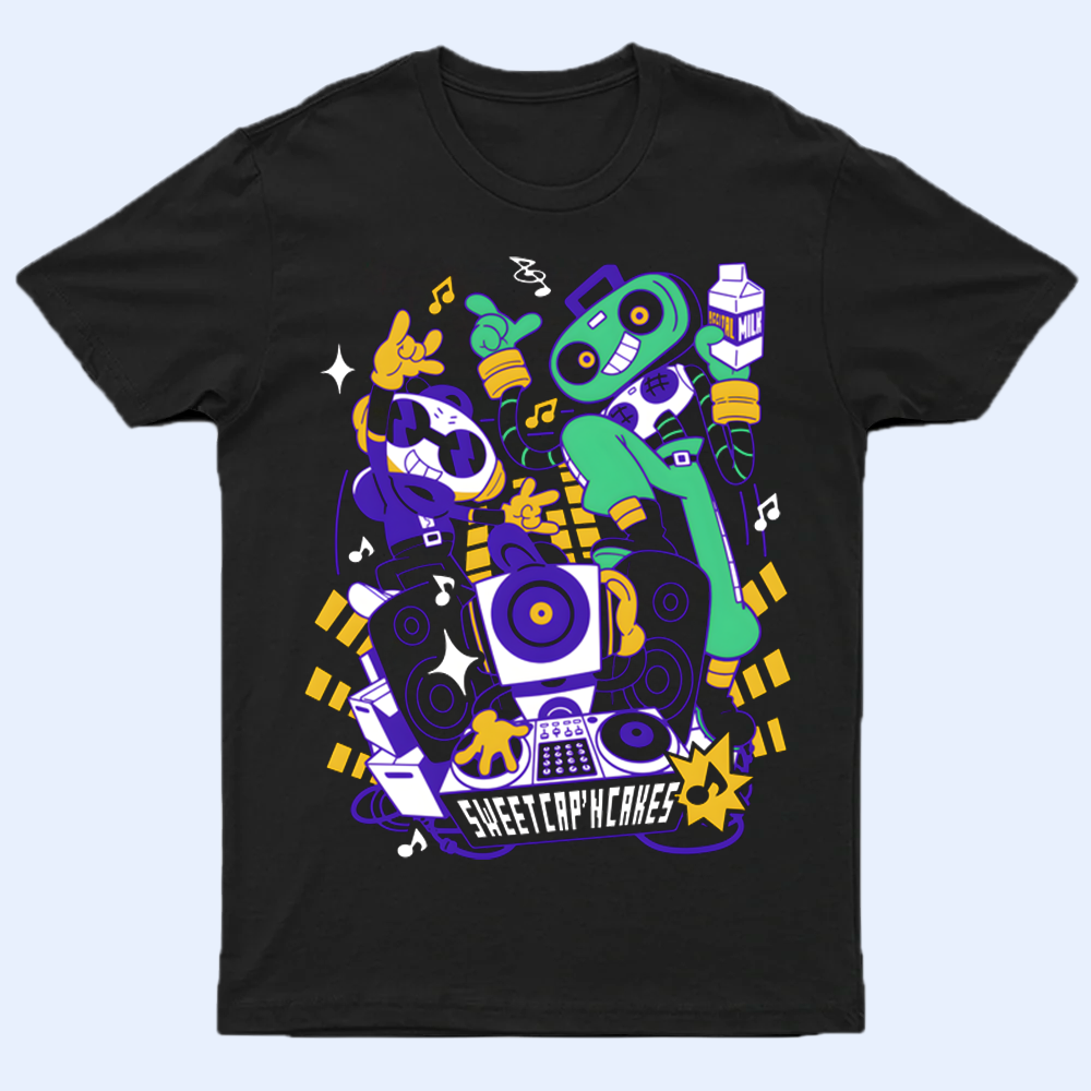 Front view of the black DELTARUNE 'BEST Musical Trio' T-shirt, featuring the iconic characters in a musical graphic.