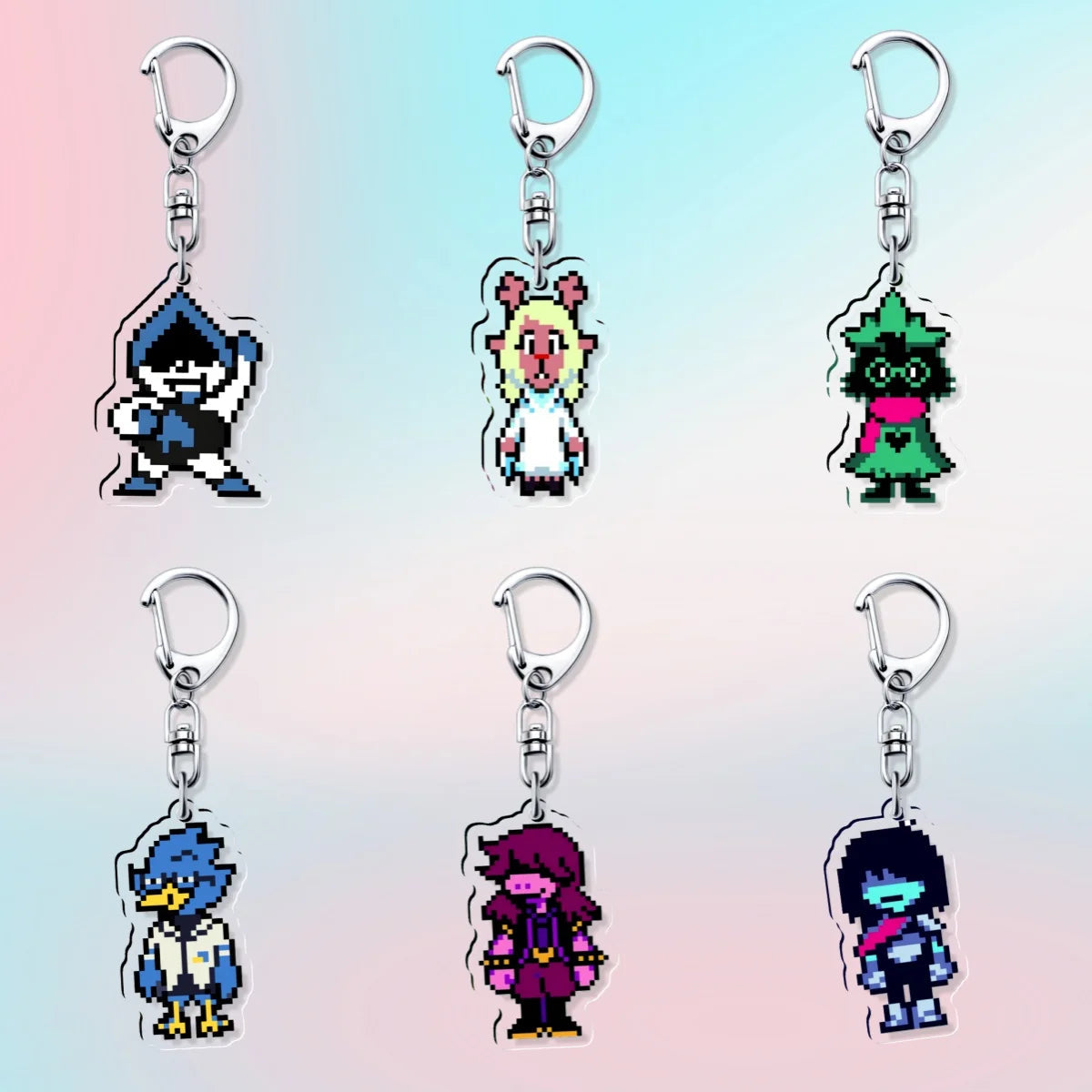 Full collection of DELTARUNE character keychains including Kris, Ralsei, Susie, and Lancer, displayed together