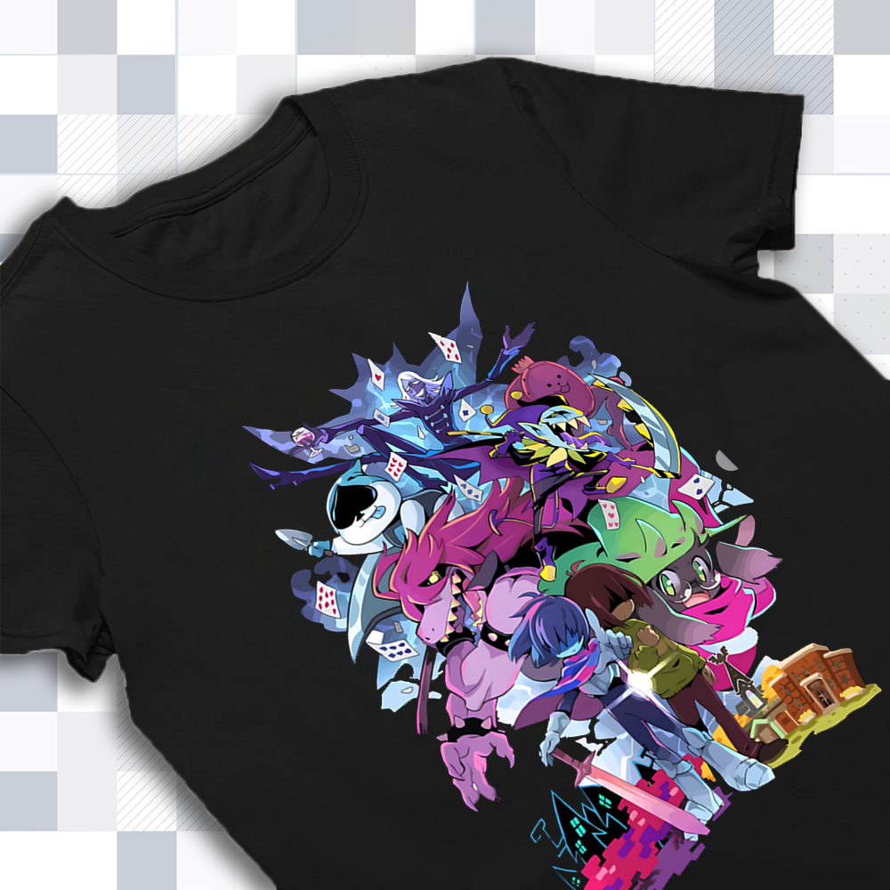 Close-up of the DELTARUNE Characters Artwork print on the DELTARUNE merch t-shirt, highlighting individual character details and artistic style