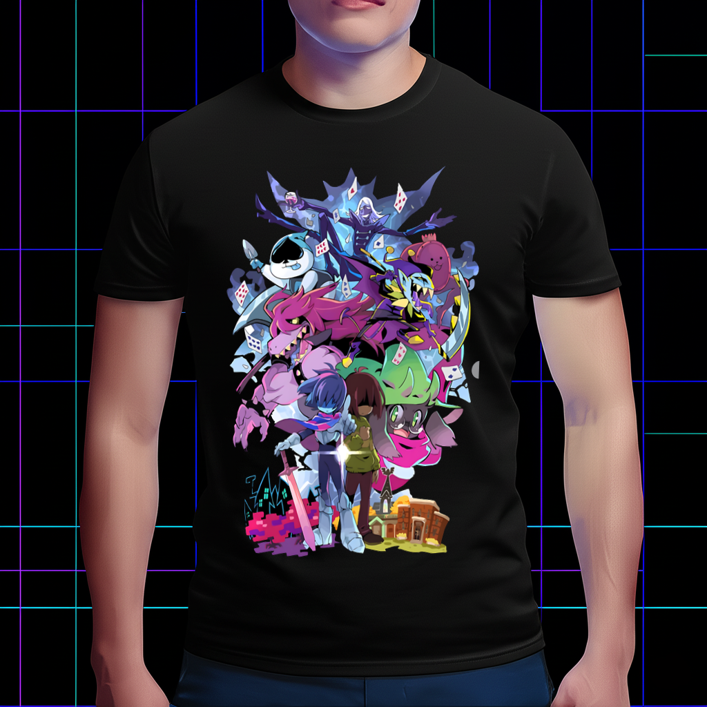 DELTARUNE Characters Artwork T-shirt worn by a model, demonstrating its comfortable fit and full cast design, essential DELTARUNE merch