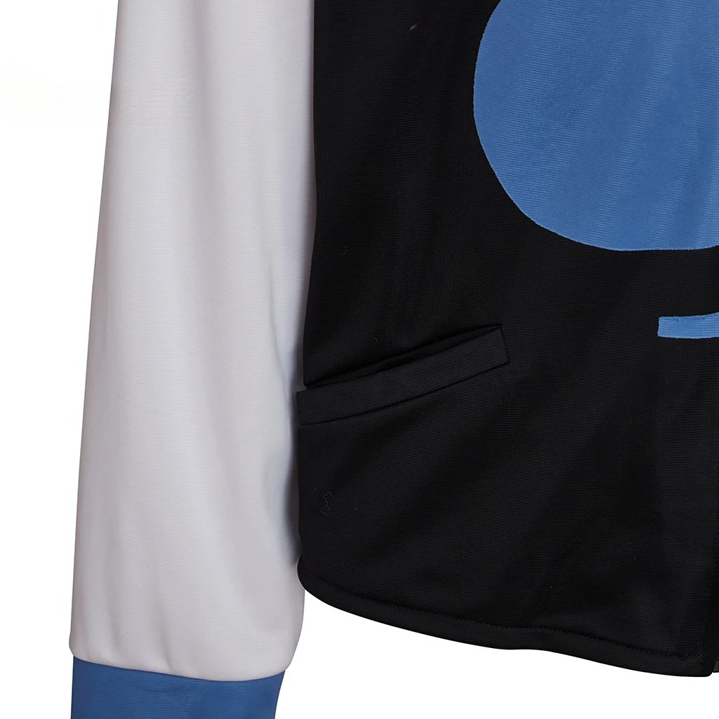 Detail shot of the fabric and stitching on the DELTARUNE Cosplay Lancer jacket.