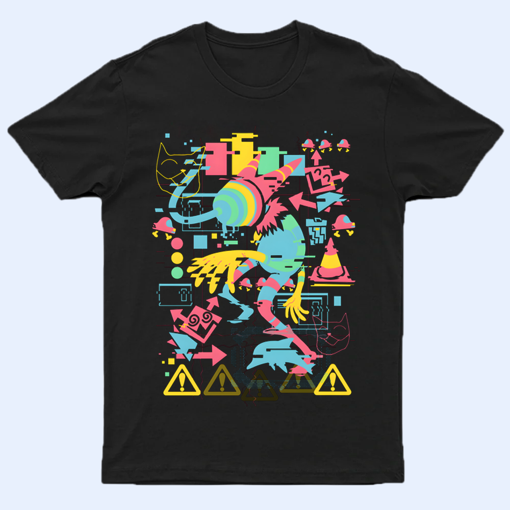 Front view of the DELTARUNE 'Disruption' graphic T-shirt, featuring an abstract, game-inspired design