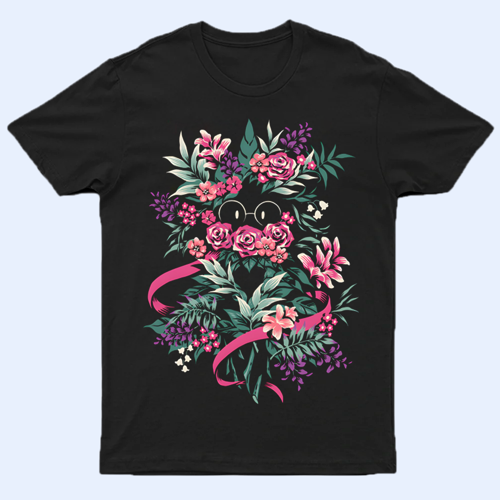 Front view of the DELTARUNE 'Floral Ralsei' T-shirt, featuring a beautiful floral graphic of the charming Prince