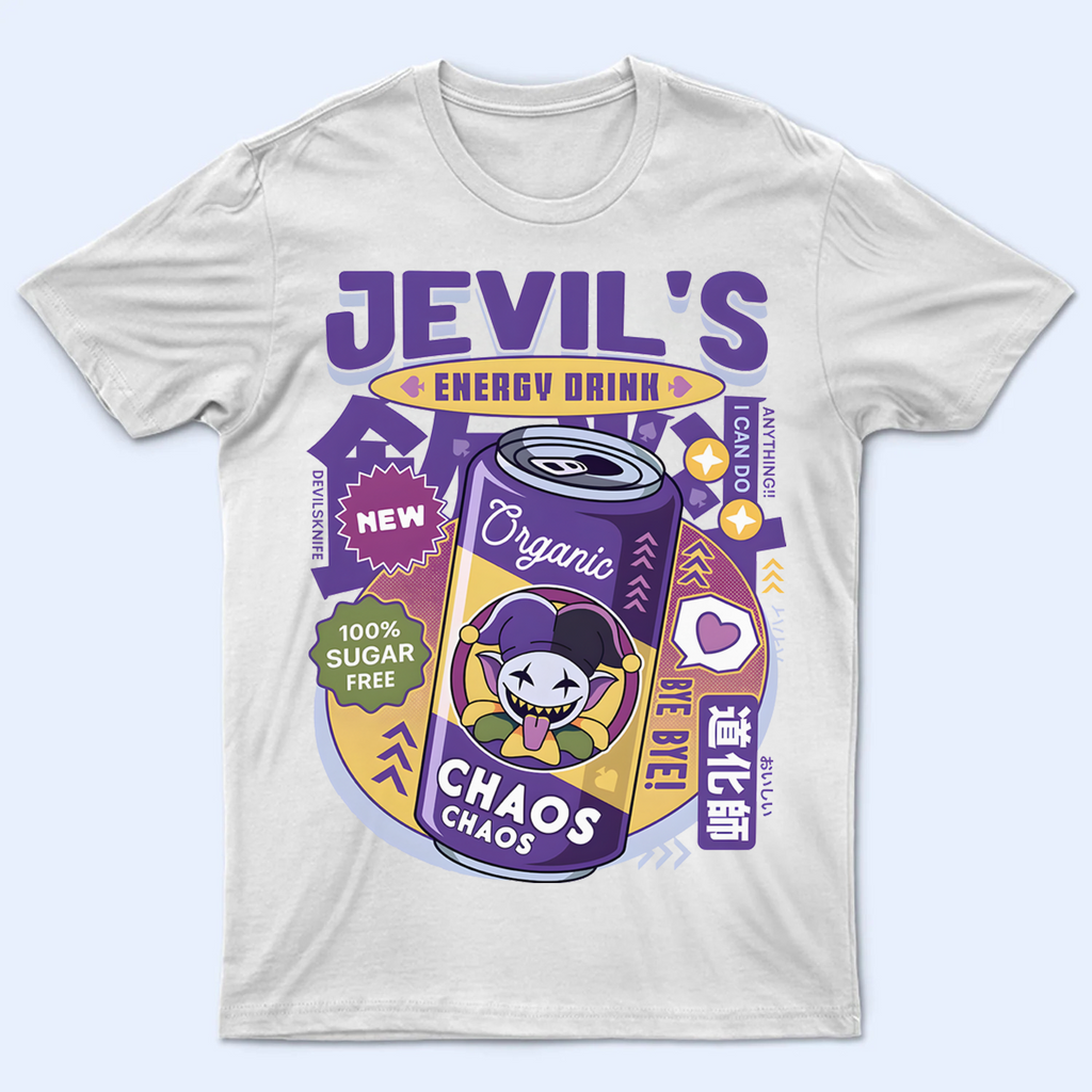 Front view of the DELTARUNE Jevil 'Jevil's Energy Drink, Organic Chaos' T-shirt, featuring the chaotic character graphic.