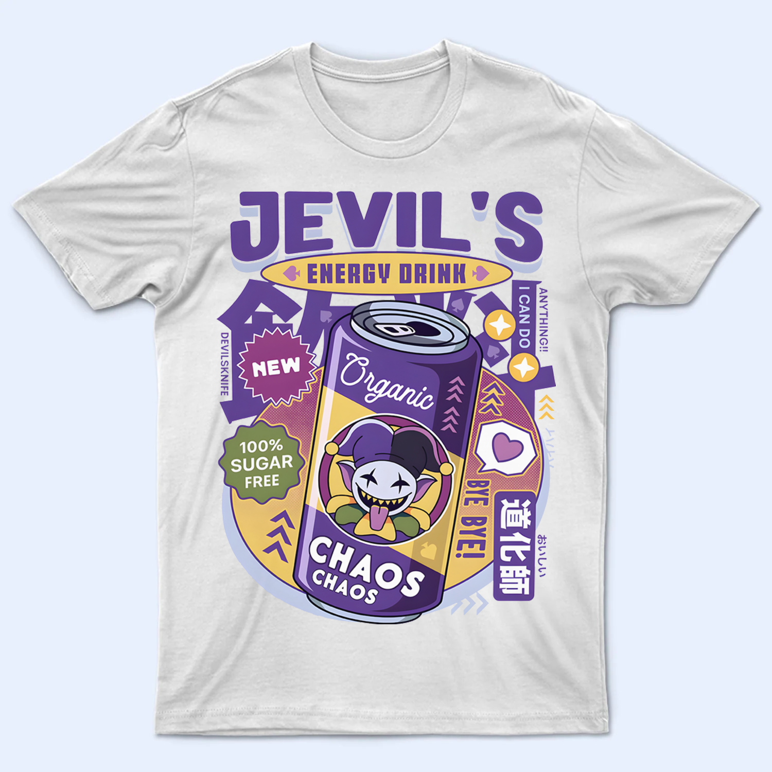 Front view of the DELTARUNE Jevil 'Jevil's Energy Drink, Organic Chaos' T-shirt, featuring the chaotic character graphic.