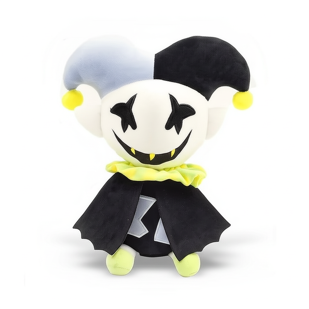 Front view of the DELTARUNE Jevil Plush Toy, a 25cm chaos jester stuffed figure