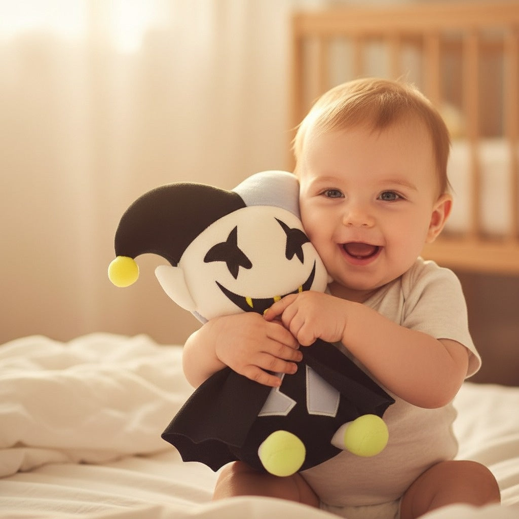 Baby holding a Jevil plush toy with a jack-o'-lantern face on a bed.