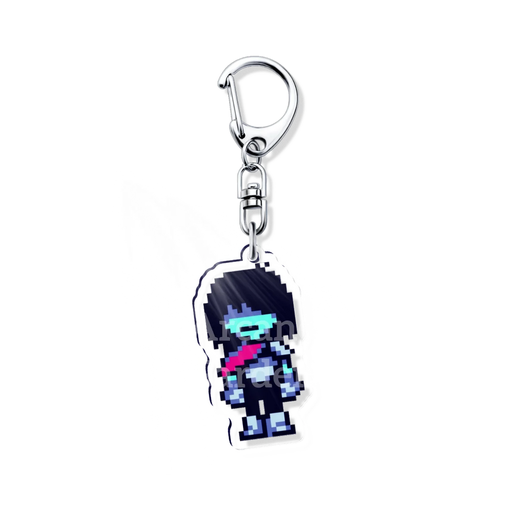 Close-up of the DELTARUNE Kris character keychain charm, highlighting the detailed artwork