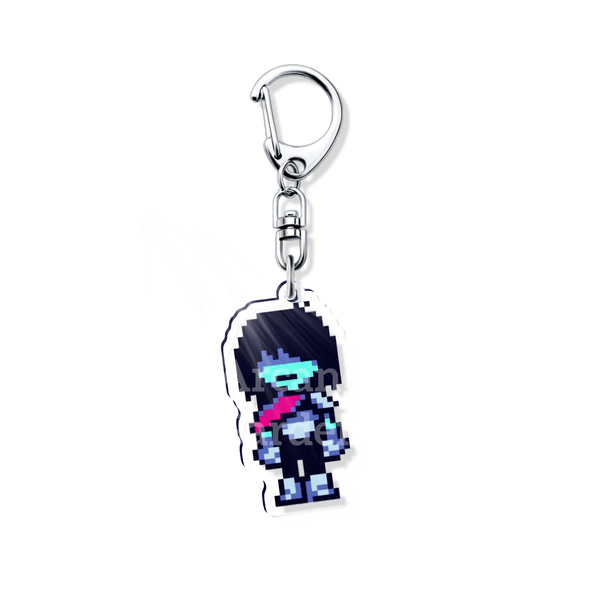 Close-up of the DELTARUNE Kris character keychain charm, highlighting the detailed artwork