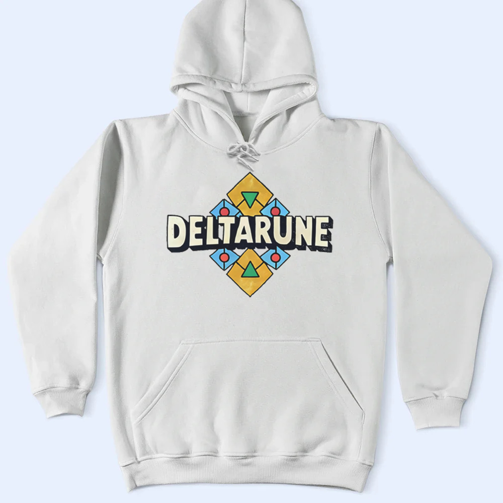White hoodie with 'DELTARUNE' logo on a light blue background
