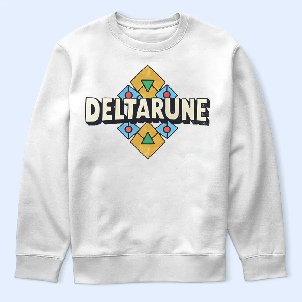 White sweatshirt with 'DELTARUNE' logo on a light blue background