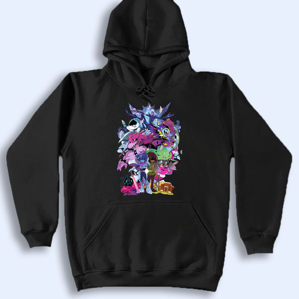 Black hoodie with colorful DELTARUNE graphic design on a white background