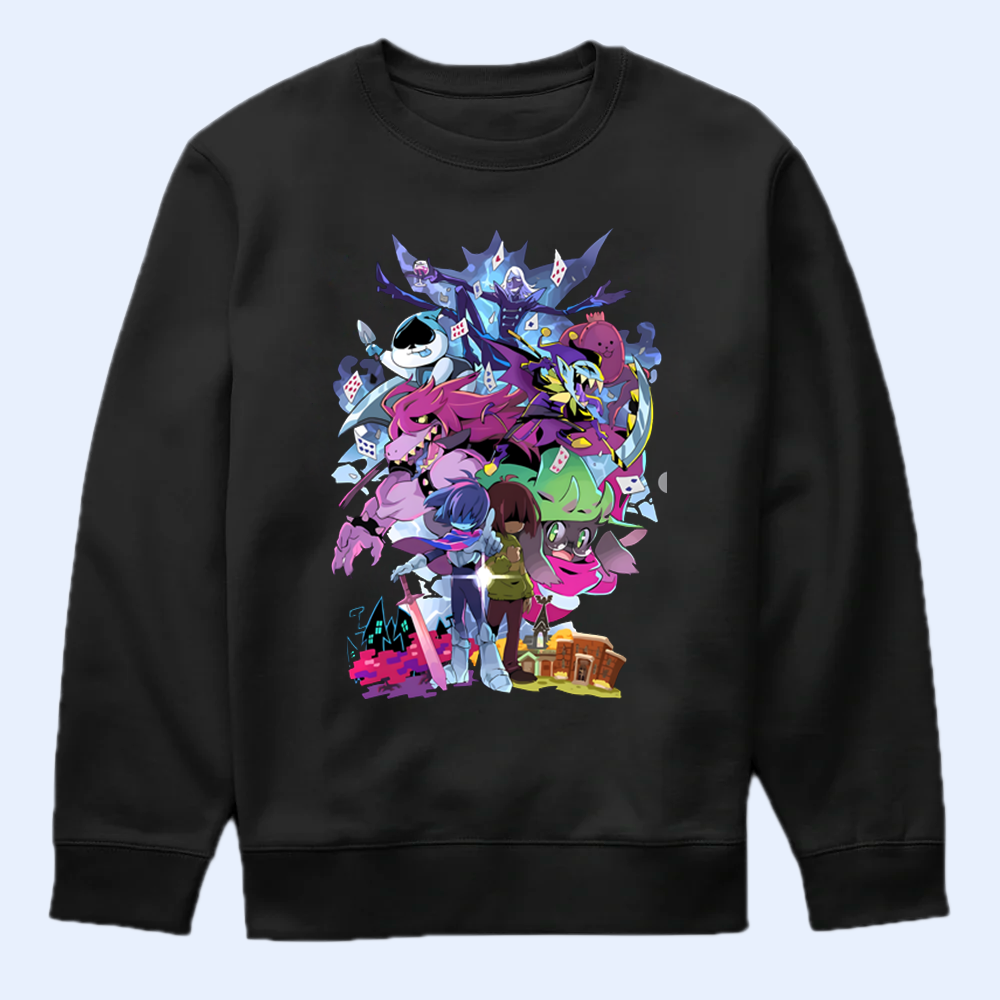 Black sweatshirt with DELTARUNE colorful graphic design on a light blue background